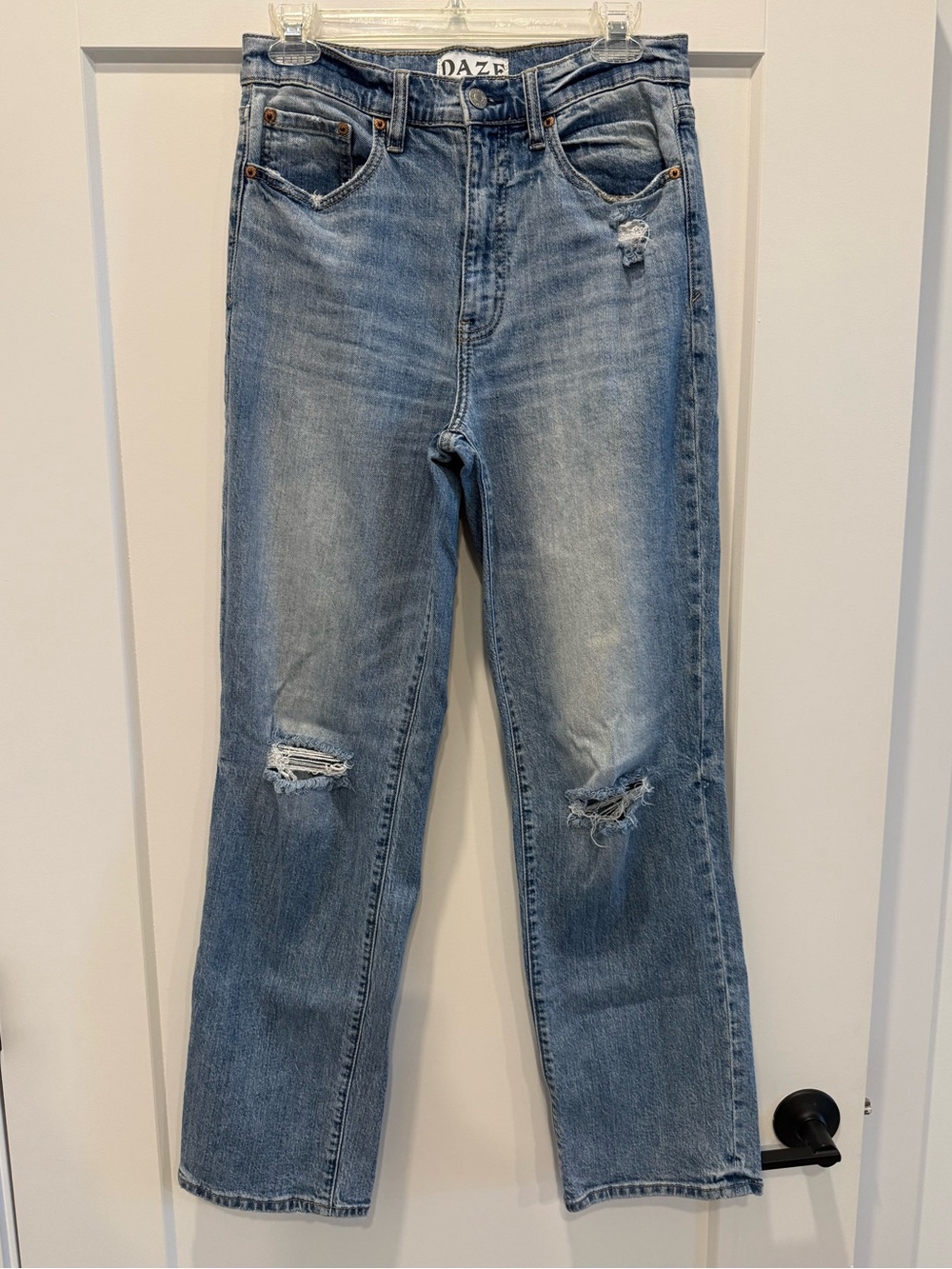 DAZE Blue Distressed Mid-Rise, Straight-Leg Jeans